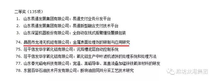 【喜訊】昌邑市龍港無機硅有限公司獲山東省技術創(chuàng)新優(yōu)秀成果和優(yōu)秀新產(chǎn)品一等獎等多個獎項！