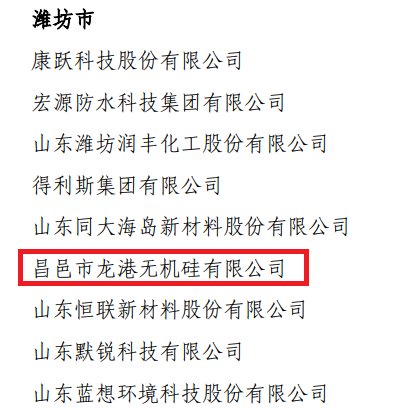 昌邑市龍港無(wú)機(jī)硅有限公司被認(rèn)定為山東省技術(shù)創(chuàng)新示范企業(yè)